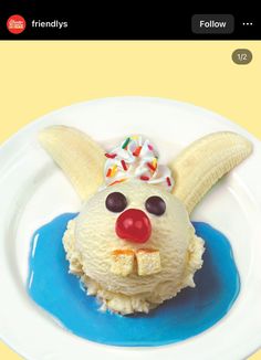 a white plate topped with an ice cream covered animal face on top of a banana