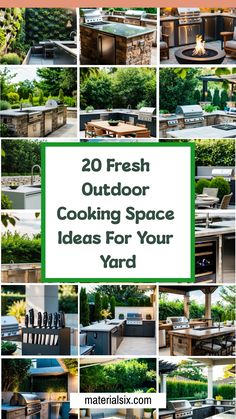 20 different outdoor cooking spaces, featuring grills, ovens, seating areas, and lush greenery. Poolside Kitchen