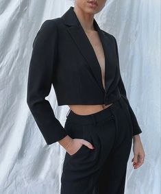 This crop jacket is the perfect way to mix-up a classic suit! With the cropped element, you have elevated the average suit into a trendy statement piece. #fashion #professional #trendyworkclothes #workergirly #cleangirlaesthetic #aesthetic Fitted Cropped Jacket With Double Button Closure For Spring, Fitted Cropped Jacket With Double Button Closure, Fitted Collared Outerwear For Party, Fitted Collared Party Outerwear, Office Cropped Jacket, Single Breasted, Collared, Formal Cropped Jacket With Lapel Collar For Spring, Classic Fitted Button-up Cropped Jacket, Semi-formal Single Breasted Cropped Jacket With Lapel Collar, Formal Single-breasted Cropped Jacket