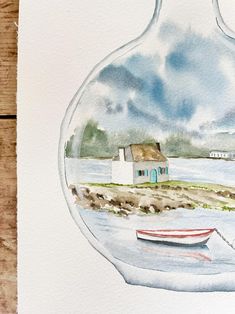 a watercolor painting of a boat on the beach in front of a house with a red roof