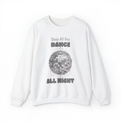 This Dicso Mirror Ball printed sweatshirt is perfect for those upcoming holiday parties. Stand out with this printed holiday ornaments design. Features a classic fit, ribbed knit collar, and itchy side seams. This will be your new favorite clothing accessory.  This sweatshirt is made with a medium-heavy fabric blend of 50% cotton and 50% polyester making it the perfect choice for those colder months. White Crew Neck Sweater For Parties, Winter Party Sweatshirt With Crew Neck, Winter Party Crew Neck Sweatshirt, Holiday Crew Neck Sweater With Letter Print, Dance All Night, Brown Clutch, Shoulder Bags For School, White Jumper, Mirror Ball