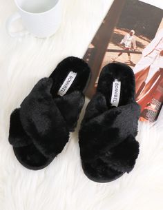 To all the dreamers and lovers of snuggly things - these slippers are for you! Super soft faux fur, (seriously like minky soft!) and a comfy padded insole, it doesn't get comfier than these fluffy slides! Pencil Heels, Prom Dress Shoes, Cute Slippers, Black Slippers, Fur Boots, House Shoes