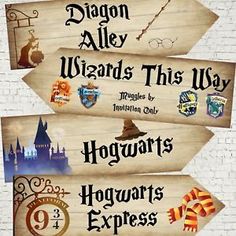 harry potter's hogwarts express sign on a white brick wall with the words, diagon alley, wizard this way, hogwarts only and hogwarts express