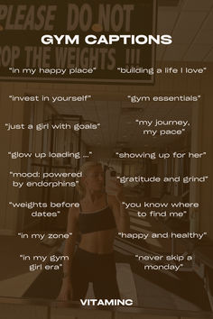 a woman standing in front of a gym sign with the words gym captions on it