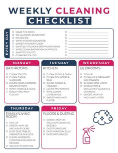 a printable cleaning checklist with the words, weekly cleaning checklist on it