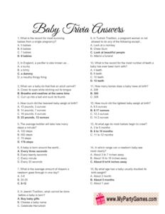 the baby trivia answers are shown in this printable question sheet for parents to ask