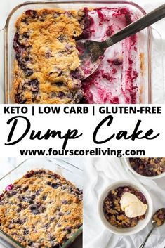 blueberry dump cake in a baking pan with ice cream on top and the words, keto low carb gluten - free dump cake