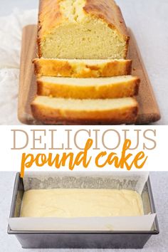 a loaf of pound cake sitting on top of a wooden cutting board next to a pan filled with batter