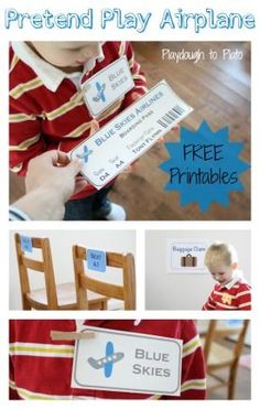 a collage of photos with the words pretend play airplane