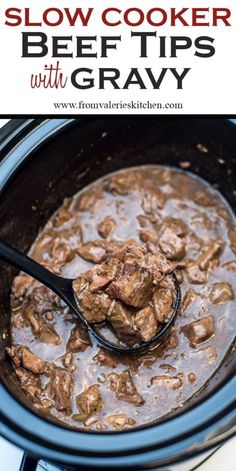 slow cooker beef tips with gravy in the crock pot and text overlay