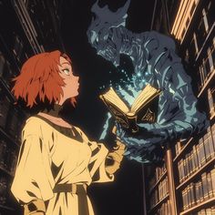 a woman standing in front of a monster holding a book