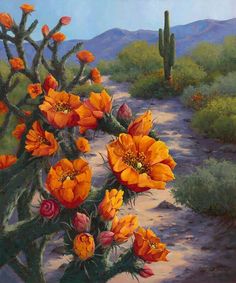 an oil painting of orange flowers on a desert path with cactus trees in the background