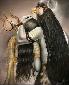 a painting of a woman hugging a man with long hair and horns on her head