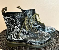 Dr. Martens hand painted with Dungeons and Dragons doodles. One of a kind Dragons Design, Doc Martens Shoes, Hand Doodles, Doodle Coloring, Size 8 Women, Dragon Design, Martens Shoes, Doc Martens, Moto Boots