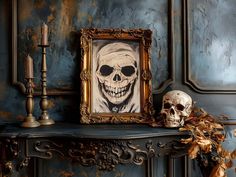 a skull sitting on top of a mantle next to a framed painting and candles in front of it