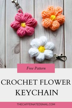 crochet flower keychain with text overlay that says free pattern, crochet flower keychain