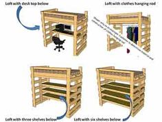 the steps to building a loft bed are shown in three different stages, with instructions for each step