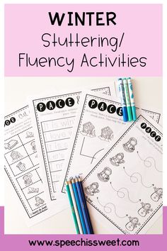 four printable winter themed flueny activities with pencils and markers on the table