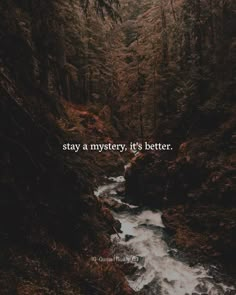 a river running through a forest with a quote on it that says stay a mystery, its better