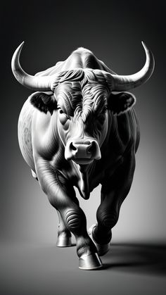 an animal that is standing in the middle of black and white photo with long horns