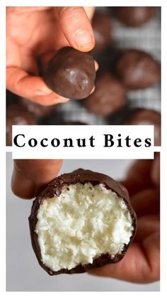 a hand holding a chocolate covered coconut bites with the words coconut bites on top and bottom