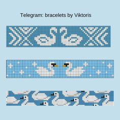 three cross stitch patterns with ducks and swans on them, one is blue and the other has