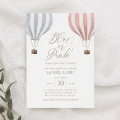 a wedding card with hot air balloons and the words, be our pink what do you think?