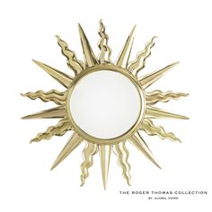 the robert thomas collection sunburst mirror is shown in gold, with white background