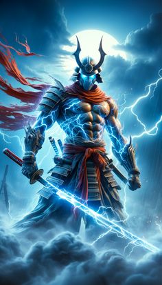 an image of a man in armor holding two swords and standing on clouds with lightning behind him