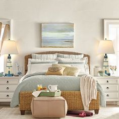 a bedroom with wicker furniture and white walls