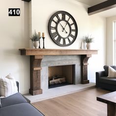 a living room with a large clock on the wall