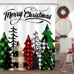 a christmas themed shower curtain with trees