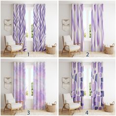 four different views of curtains with purple and white stripes on them, in front of a window