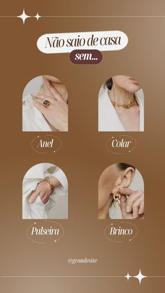 an advertisement with different types of jewelry on it's side and in the middle