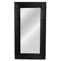 a mirror that is made out of black rattan and has a square frame on the bottom