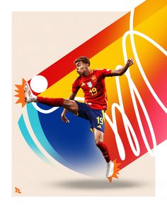 a man kicking a soccer ball on top of a white and red background with the word spain