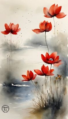 watercolor painting of red flowers on white paper with black and grey background, in the foreground