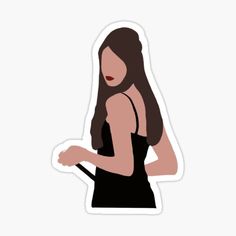 a woman with long dark hair holding a knife sticker on a white background, wearing a black dress