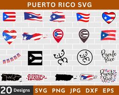 the puerto rico svg bundle includes 20 designs, including an american flag and other country flags