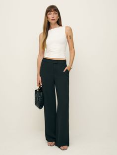 Power pants. Shop the Carter Mid Rise Pant from Reformation, a mid rise full length pant with a relaxed fit. Sleek Spring Pants With Straight Hem, Sleek Straight Hem Pants For Spring, Casual Straight Hem Dress Pants, Sleek Straight Hem Bottoms For Spring, Sleek Spring Bottoms With Straight Hem, Sleek Pants With Welt Pockets For Spring, Sleek Wide-leg Pants For Spring, Sleek Spring Bottoms With Welt Pockets, Versatile Business Casual Bottoms With Straight Hem