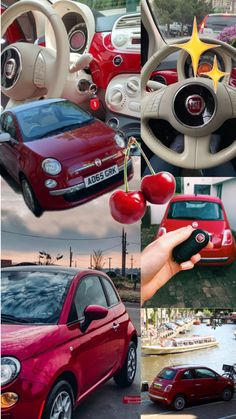 a collage of photos with cars and cherries in them, including the steering wheel