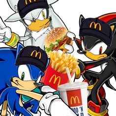 sonic the hedgehog eating french fries and drinking mcdonald's with other cartoon characters