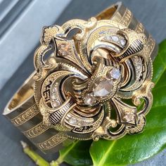 Antique 18K Yellow Gold Rose-cut Diamond Fleur-de-lis Niello - Etsy Repeated Pattern, Enamel Bangle, Rose Cut Diamond, Rose Cut, Gold Rose, Bangle Bracelet, Antique Jewelry, Bangle Bracelets, Diamond Cuts