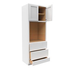 an empty white cabinet with drawers on the bottom