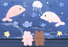 two teddy bears looking at jelly fish in an aquarium