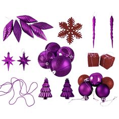 purple christmas ornaments and decorations on a white background