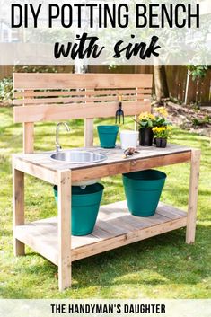 the diy potting bench is made out of wood and has two buckets on it