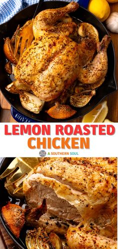 the front and back sides of a roasting pan with lemon roasted chicken