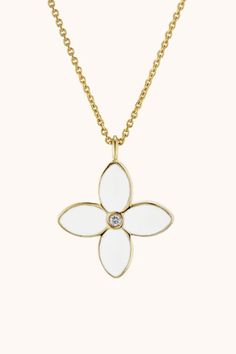 A clover-shaped pop of color for every day and everywhere. This reversible chain is classy, fun, and elegant. Reversible Crafted in 14k solid gold Made with black and white enamel 0.04 carat Lab Grown Diamond Color F Clarity VS Luxury White Enamel Necklace, Elegant Enamel Flower Pendant Jewelry, Luxury White Flower Pendant Jewelry, White Flower Charm Necklace Fine Jewelry, White Fine Jewelry Necklaces With Flower Charm, Luxury White Flower-shaped Necklaces, Luxury White Flower Shaped Necklace, Luxury White Flower Shape Necklace, Luxury White Flower-shaped Necklace