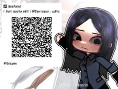 an anime character with long black hair and a qr code